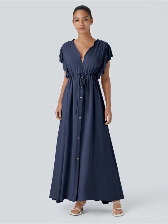 HALARA Dresses & Skirts - HALARA V-neck Butterfly DressNavy Button-Front Maxi Dress with Drawstring Waist